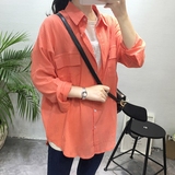 2016春装新款韩版时尚BF风双口袋衬衣中长款纯色休闲衬衫外套女