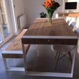 欧式铁艺复古餐桌地中海实木拼花书桌办公桌小户型家用长方桌长凳