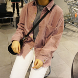 2015冬季新款韩国复古做旧灯芯绒流苏纯色中长款宽松女衬衣衬衫