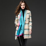 2015冬装新款欧美时尚大格子羊毛呢大衣女款呢外套中长款呢子外套