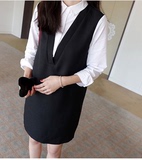 2016春季新款韩国代购衬衫袖V领假两件背带连衣裙学院风长袖中裙