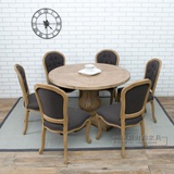 美式实木餐桌圆桌橡木客厅饭桌 美式乡村实木复古做旧餐桌椅组合