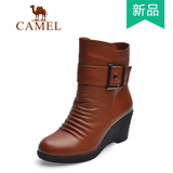Camel/骆驼女靴2015秋季新款女鞋正品真皮高跟坡跟女靴A153128065