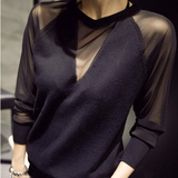 韩国代购秋冬季新款长袖透视蕾丝拼接套头打底薄针织衫毛衣T恤女