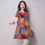 中国风女装 修身复古裙 民族风女装 2016夏装新款 短袖拼接连衣裙