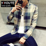 韩版修身彩色格子衬衫男大码长袖夏季薄款纯棉衬衣外套男青年学生