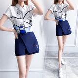 2016夏季新款韩版修身印花雪纺衫两件套女装短袖时尚休闲短裤套装
