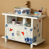 古古拉风复古做旧彩绘实木浴室柜组合 地中海蓝白洗手台洗脸盆柜