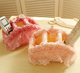 田园粉色玫瑰 蕾丝遥控器架多功能用化妆品收纳篮收纳盒公主篮