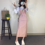 2016春夏季学院风少女可爱长裙 粉色背带裙子 学生大口袋吊带裙