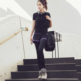 韩国薄款晨跑夏季运动套装两件套显瘦短袖跑步运动裤女修身小脚裤