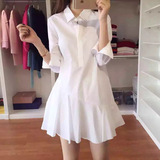 2016春装新款修身纯棉衬衫 韩版OL通勤长袖翻领中长款白色连衣裙