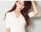 2016春夏新款小V领中袖T恤女纯棉白色打底衫紧身五分袖上衣韩版潮