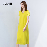 Amii裙子夏 连衣裙中长款宽松显瘦 2016新款v领棉质原创设计口袋