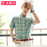 AMH男装韩版2016夏装新款男士尖领拼接格子短袖衬衫PA5174薬