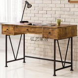 北欧书桌宜家电脑桌loft复古美式铁艺书桌实木带抽屉办公桌工作台