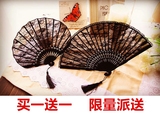 外贸出口日本高档黑色竹子复古宫廷真丝加厚蕾丝折叠扇子正品包邮