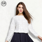 2016春装新款雪纺衫宽松韩版蕾丝衫白色打底衫短款长袖上衣女035