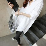 韩国代购2016春装新款BF宽松大码衬衣中长款白衬衫女长袖休闲上衣