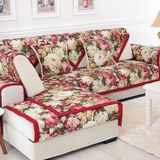 富贵牡丹绗缝田园沙发垫布艺全棉 四季加厚红色包边双面坐垫定做