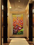 玄关装饰画竖画走廊壁画手绘油画单幅有框画欧式画餐厅挂画九鱼图
