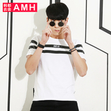 AMH男装韩版2016夏装新款圆领条纹修身休闲潮流青年男士短袖t恤翎