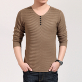 2016秋季男装新款 长袖T恤V领针织衫韩版修身纯色打底毛衣羊毛衫