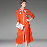 立领橘黄绿色复古中国风高端重工绣花中袖大码丝麻衬衣连衣裙