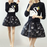 2015秋冬季新款长袖毛衣套头女装韩版时尚天鹅套装裙两件套裙装潮