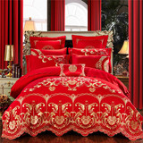 欧式婚庆大红四件套贡缎提花刺绣龙凤被套夹棉床盖六八件套1.8m床