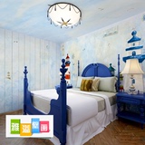 雅溢地中海风格墙纸壁画 卧室客厅背景墙竖条纹整屋壁纸 灯塔搭配