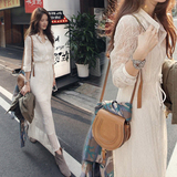 2016新款夏季韩版白色镂空蕾丝长裙套装修身衬衫裙两件套连衣裙女