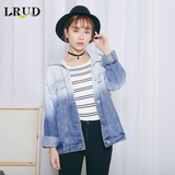 LRUD2016春装新款韩版渐变色BF风牛仔外套女宽松字母印花短款夹克