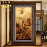 现在中式玄关装饰画竖版油画手绘创意荷花金箔画立体走廊过道挂画