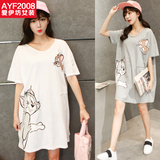 韩版新款夏装卡通猫和老鼠印花可爱体恤大码宽松长款短袖t恤裙女