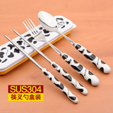 304筷叉勺三件套陶瓷不锈钢便携式套装学生餐具韩国旅行收纳套装