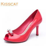 KISSCAT接吻猫2016新款鱼嘴高跟女鞋酒杯跟纯色珍珠饰扣单鞋