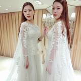 婚纱礼服新娘2016夏季新款结婚韩式一字肩蕾丝双肩长袖小拖尾披纱
