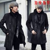 韩版冬季青少年毛呢大衣黑色加绒中长款学生呢子风衣男修身外套潮