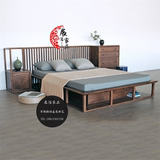 黑胡桃老榆木双人床实木卯榫现代中式简约卧室家具1.8米2.0床头柜