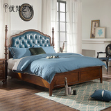 优梵艺术Rhine美式乡村实木床卧室家具双人床真皮软包靠背床1.8米
