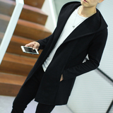 男士连帽中长款风衣韩版青年修身纯色针织衫外套秋季潮男大码披风