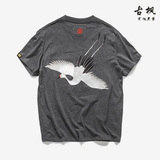 夏季中国风男装个性仙鹤刺绣T恤潮流圆领短袖体恤男士纯棉打底衫