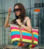 新款韩版女式帆布包包超大包彩色条纹休闲包单肩斜跨手拎女包S239