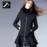ZK2016春装新款纯色棉衣中长款长袖修身棉服简约通勤棉袄拼接女装