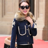 2016冬装牛仔棉服女羊羔毛韩版修身大毛领短款加厚短外套