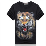 夏季男士短袖T恤圆领纯棉动物印花图案t恤衫黑色3D老虎短袖体恤潮