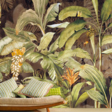 东南亚复古油画墙纸 卧室餐厅影视背景墙壁纸 热带芭蕉叶大型壁画