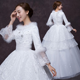 加棉毛领棉冬款冬季婚纱礼服2015新款长袖结婚新娘装蕾丝齐地绑带