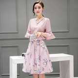 2016夏装新款女装韩版欧根纱印花雪纺中长款短袖两件套套装连衣裙